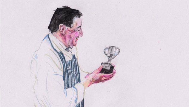 Drawing of prize-winning fishmonger by Sam Curtis