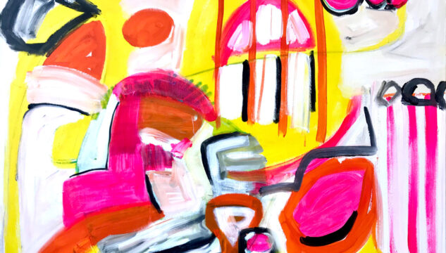 Abstract pring in yellow, pink, scarlet, grey, white and black