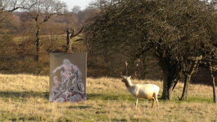 Photograph of stag looking at painting, in a rural landscape