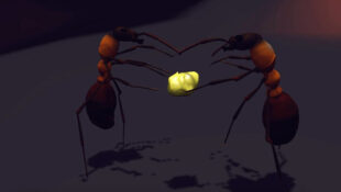 Computer-generated image of ants holding a luminous yellow object