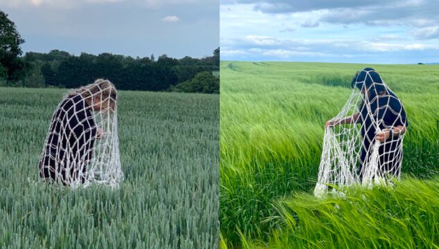 Two photographs placed side by side each showing a figure in a field of long green grass or wheat. The figure is slightly bent, covered by white netting. The placement of the images gives the impression the figures are facing and communicating with each other.