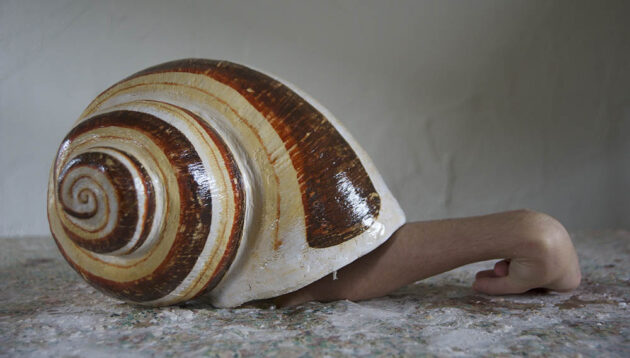 artist Jocelyn McGregor sculpture of snail shell with forearm coming from mouth of shell on beige carpet