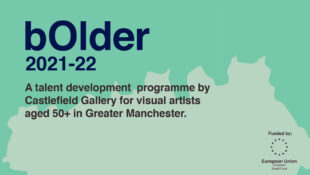 Text saying bOlder 2021-22 on background showing outline of Manchester on mid green background
