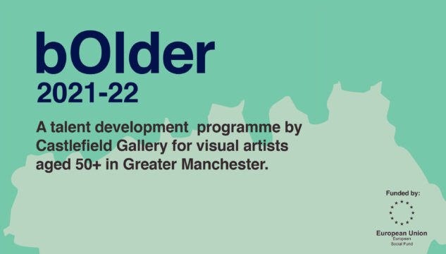 Text saying bOlder 2021-22 on background showing outline of Manchester on mid green background