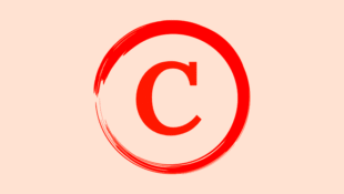 Copyright logo draw in a brush stroke. coloured bright red on pale pink background