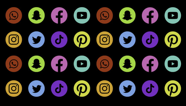 grid of social media icons in multiple colours against a black backgound