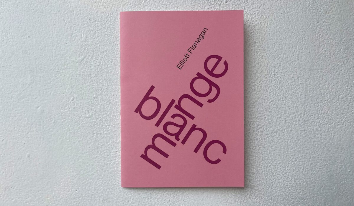 Pink-coloured cover with purple writing, titled 'Blanc Mange' by Elliott Flanagan.
