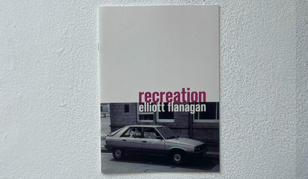 Cover of 'recreation' by Elliot Flanagan, a white background, the bottom half is a black and white picture of a vintage car.