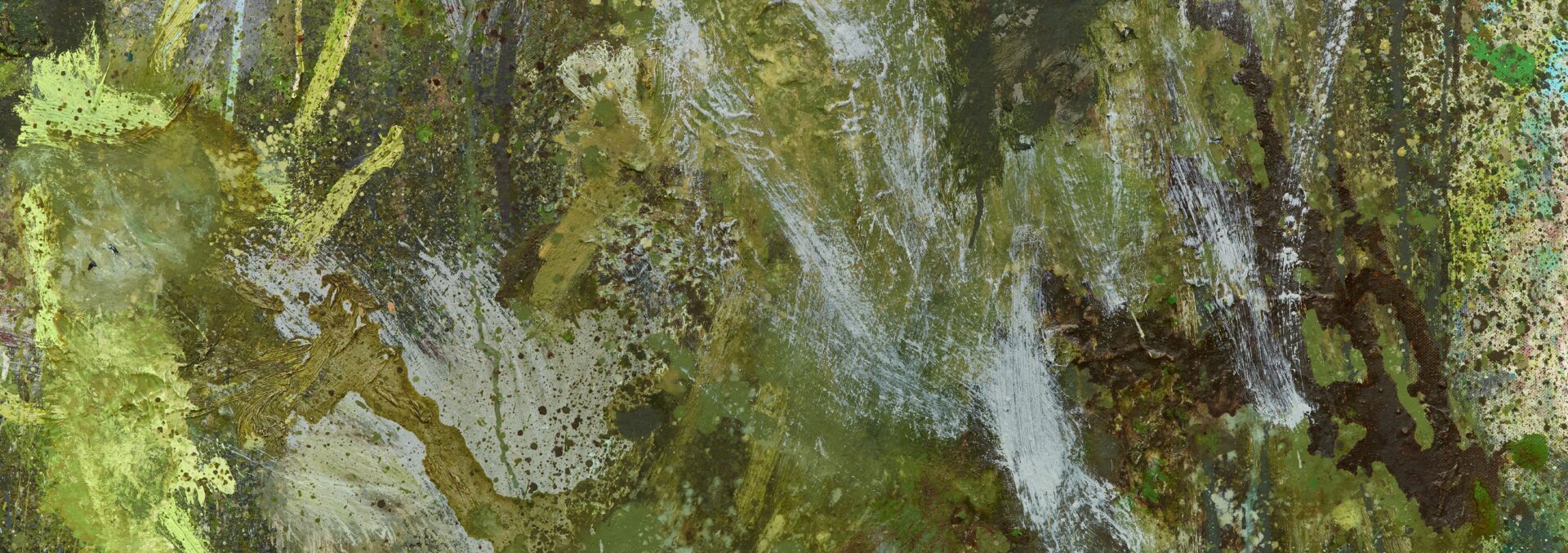 an abstract art painting. The colours are earthy greens, there are broad diagonal strokes, mixed with more wash-like gestures.