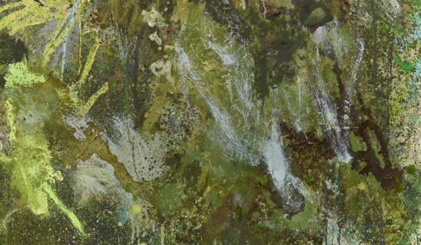 an abstract art painting. The colours are earthy greens, there are broad diagonal strokes, mixed with more wash-like gestures.