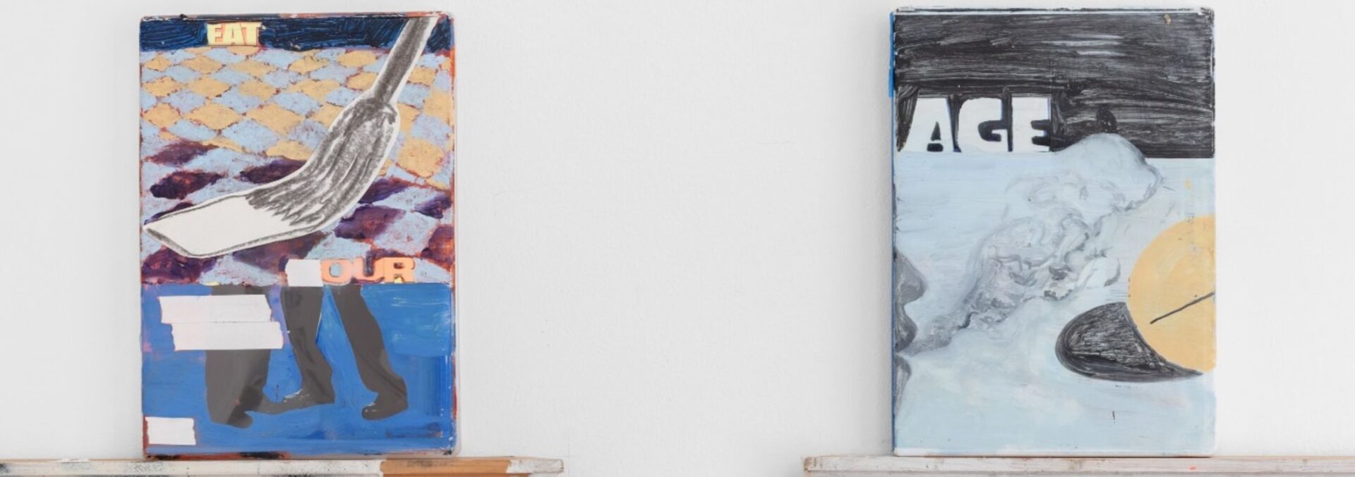 a shef with artworks that look like dvd cases featuring colourful paintings