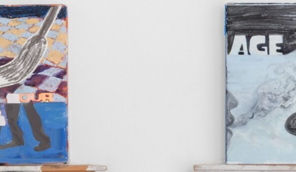 a shef with artworks that look like dvd cases featuring colourful paintings