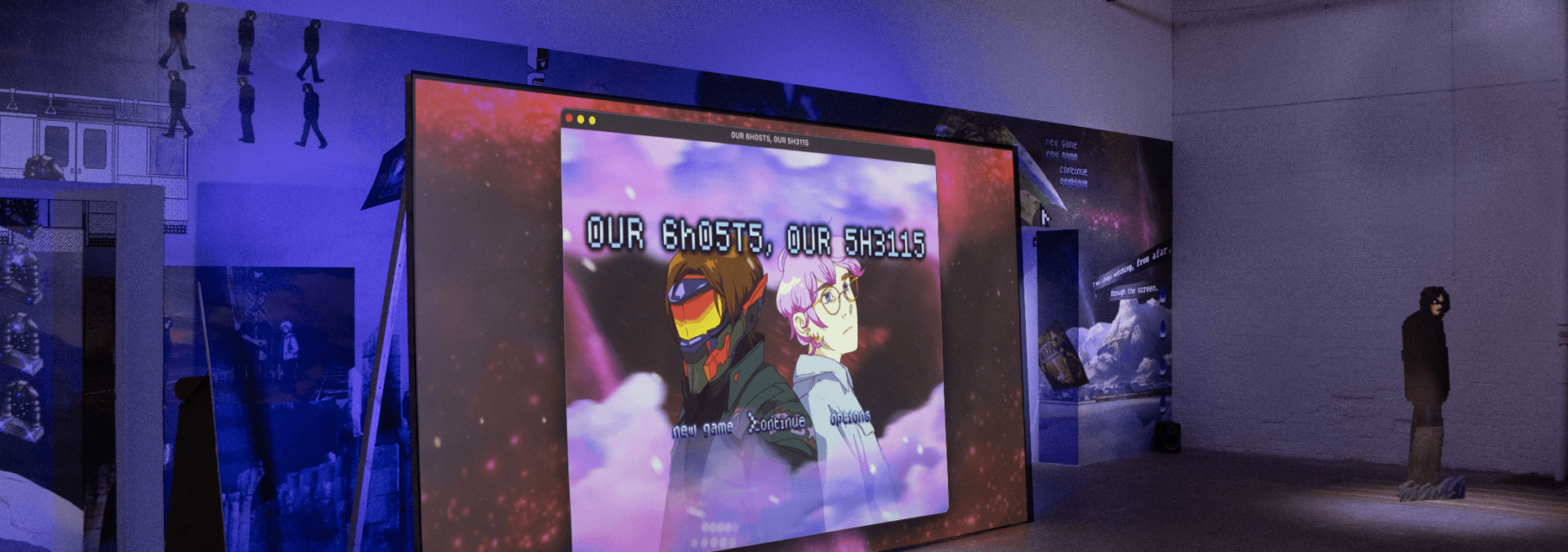 A film installation in a gallery setting. The lighting and colours are blue and purple.