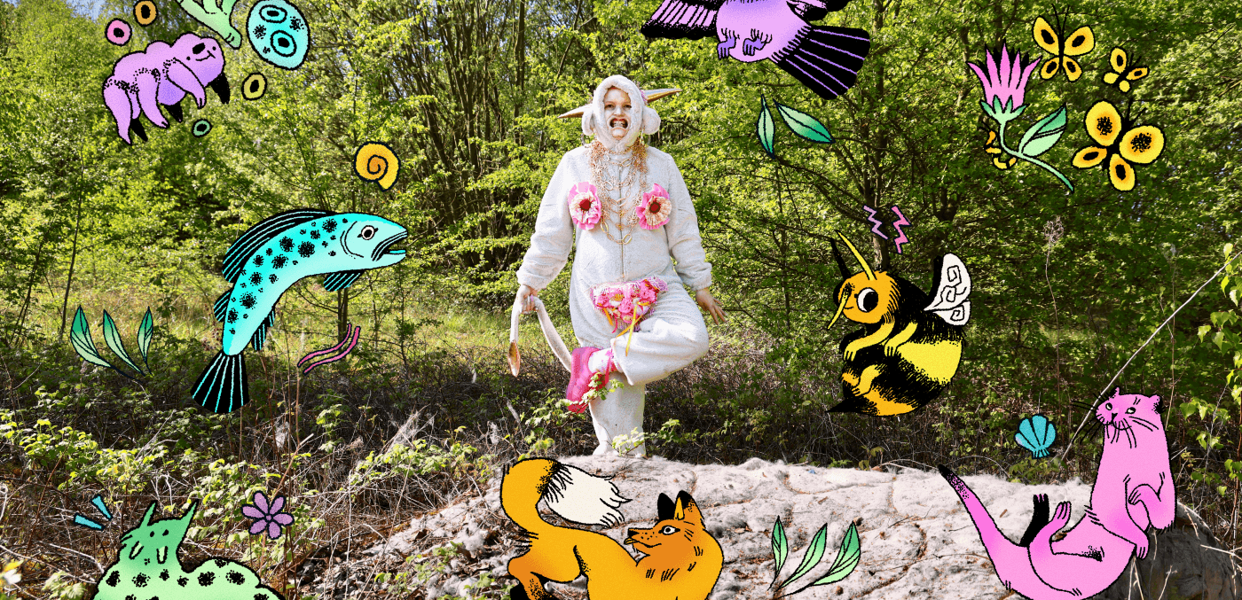 a woman dressed in a onesie with sewn on pink fabric, doing a dance in the middle of a field. There is a mattress and air spray bottle on the ground.