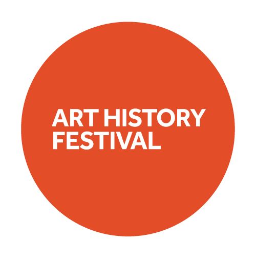 an orange circle with white text in the centre saying art history festival