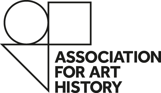 black writing saying Assoiation for Art History. In the top left of the logo is a circle, square and triangle