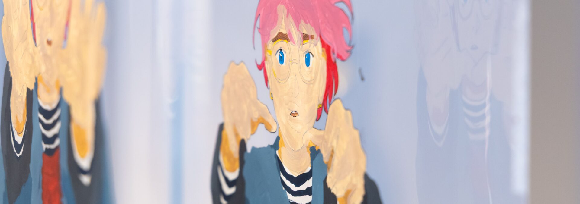 a cartoon image in typical anime style of a pink haired person reaching out forwards to the viewer.