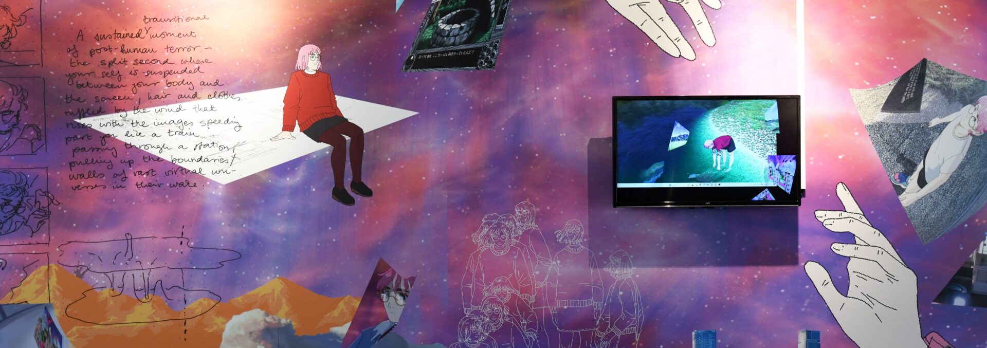 a blue and purple digital collage featuring digital imagery like screens and illustrated people.