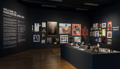 HOME Open. A dark gallery space with black walls, and lots of artwork hung from top to bottom.