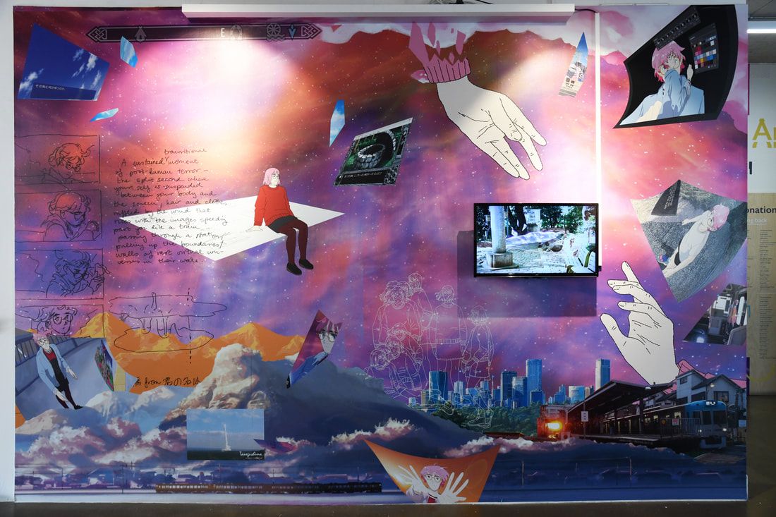 A colourful collage of various things including a tv screen, illustrations of people and text. The overall image is a surreal landscape.