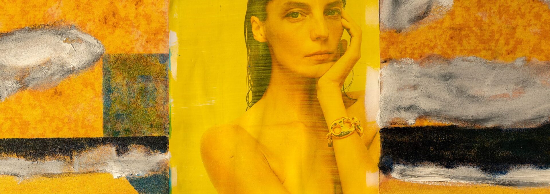 A yellow collage image of a woman from an advertisement over an abstract painted surface.