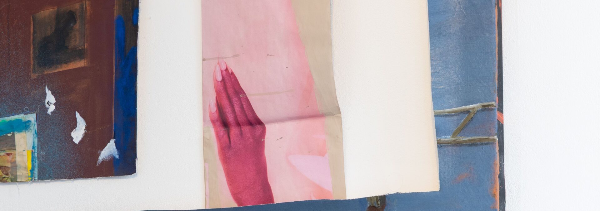 Interior of Castlefield Gallery featuring pink colourful collage artwork by Joe O'Rourke.