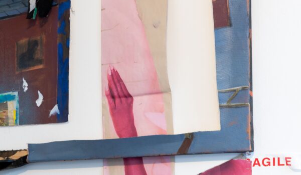 Interior of Castlefield Gallery featuring pink colourful collage artwork by Joe O'Rourke.