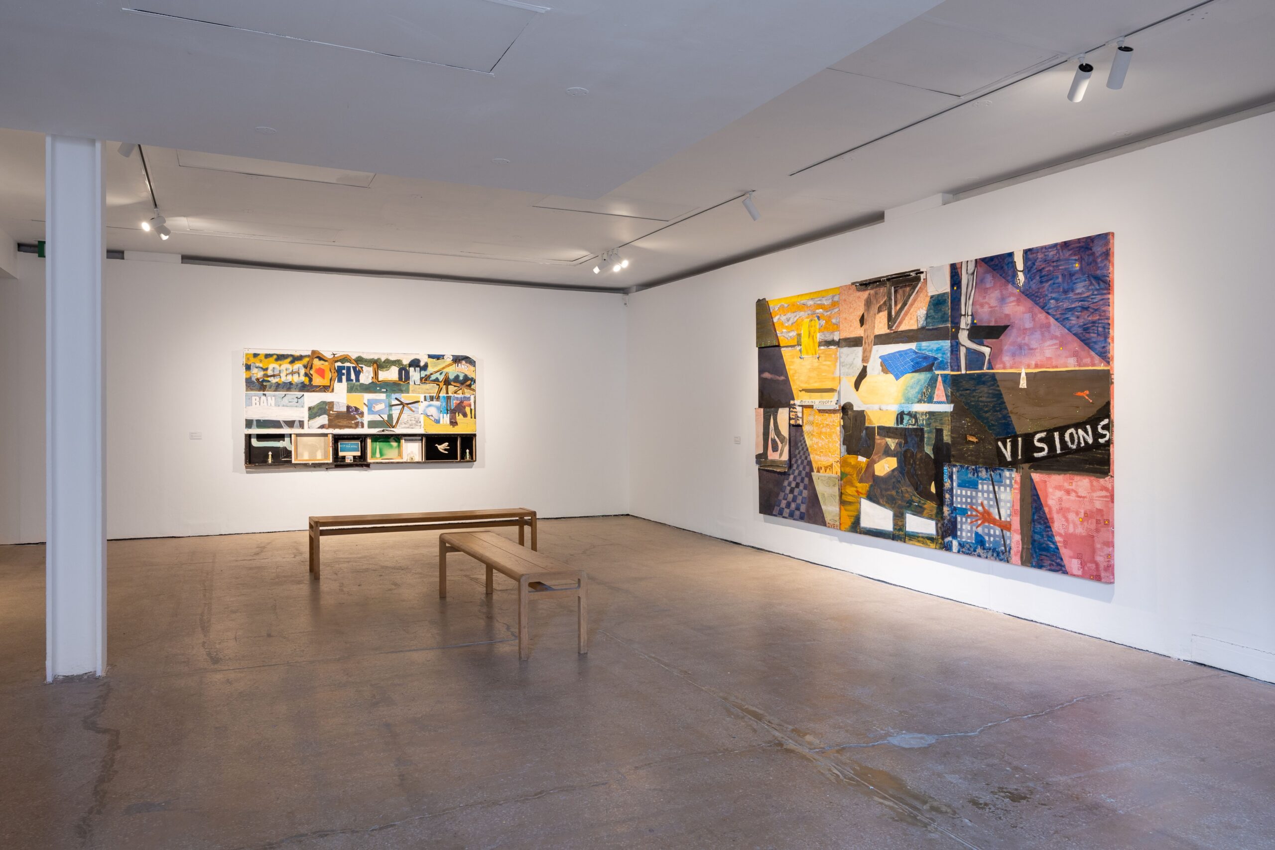 Interior of Castlefield Gallery, white walls and concrete floors. featuring collage artwork by Joe O'Rourke.