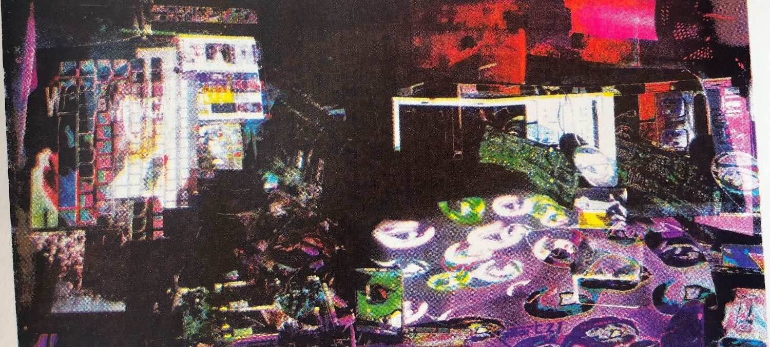 a busy photographic collage artwork. The colours range from red and purple to black.