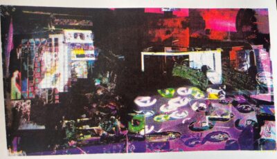 a busy photographic collage artwork. The colours range from red and purple to black.