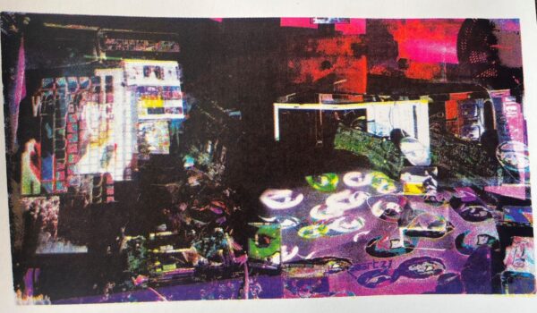 a busy photographic collage artwork. The colours range from red and purple to black.