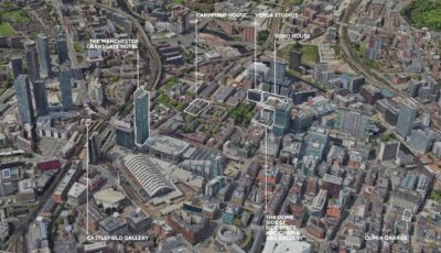 A photographic map of Manchester from above, with location of Manchester Fashion Week highlighted in white