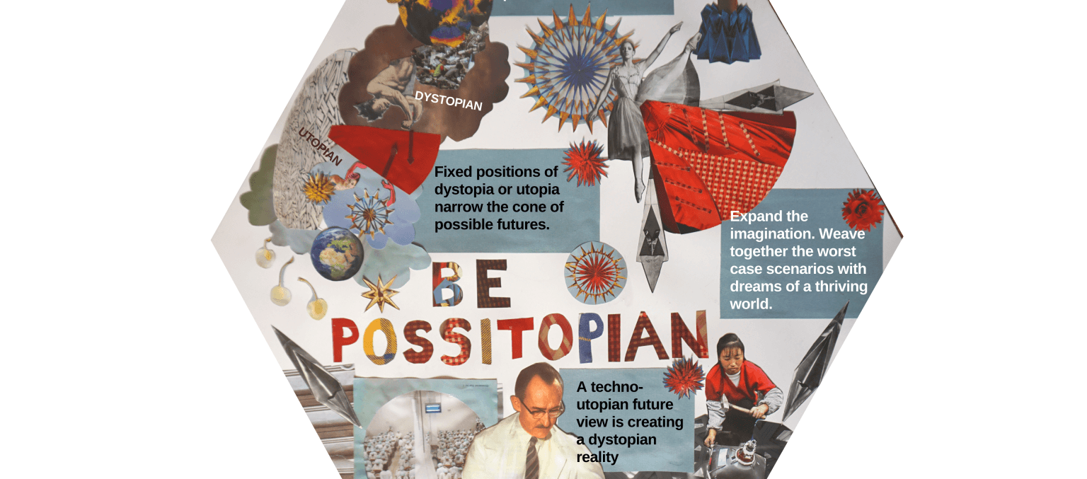 a paper collage forming a hexagon shape, with the word 'Possitopian' in the cenre.