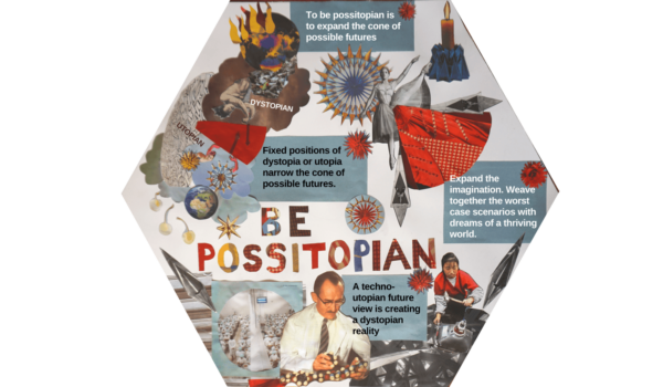 a paper collage forming a hexagon shape, with the word 'Possitopian' in the cenre.