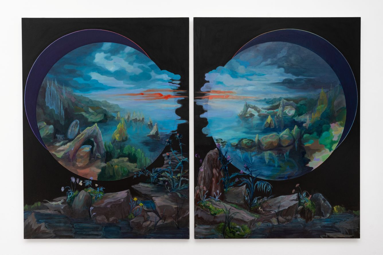 a painting of two symetrical circles containing paintings of landscapes