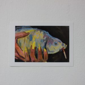 Postcard of a fish with a cigarette in its mouth, set against a black background.