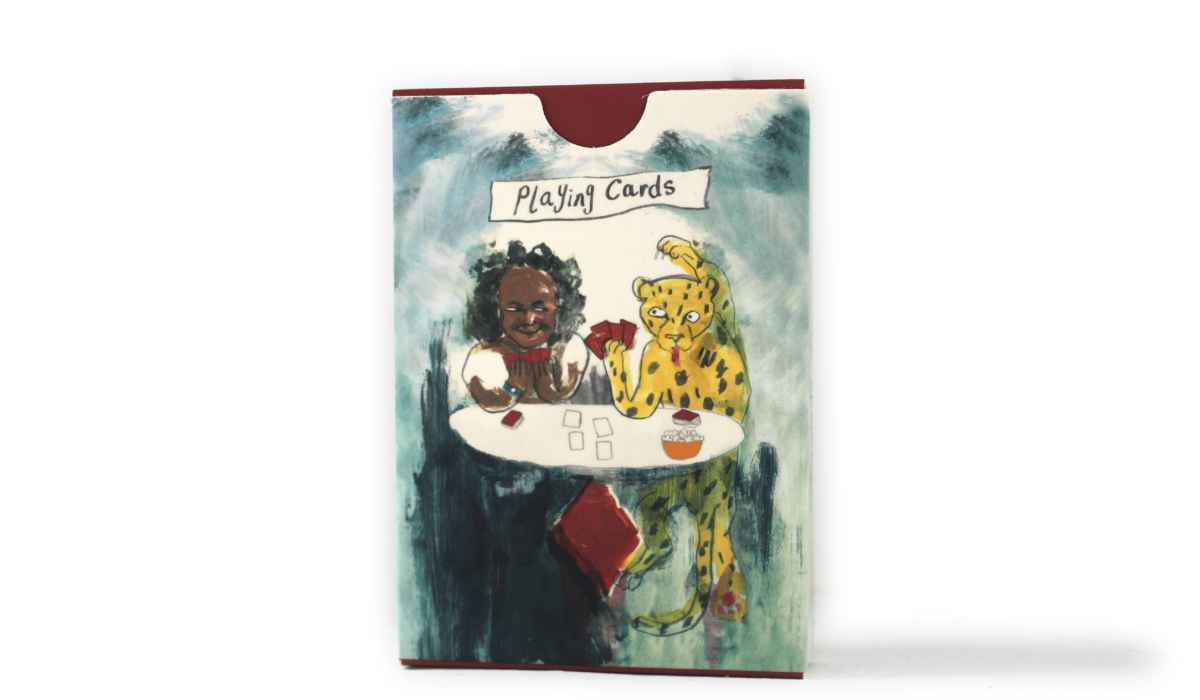 Closed pack of playing cards with a man and leopard design on the front.
