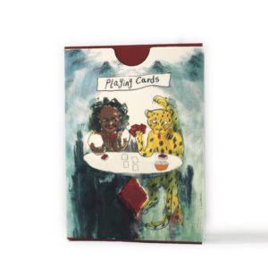 Closed pack of playing cards with a man and leopard design on the front.