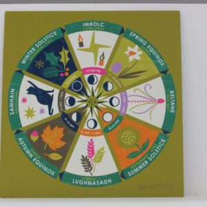 Print of the Wheel of the Year on a green background.