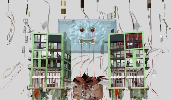 a digital image of modern office buildings falling apart and crumpling. Between the teo buildings is a cartoonish face on a screen.