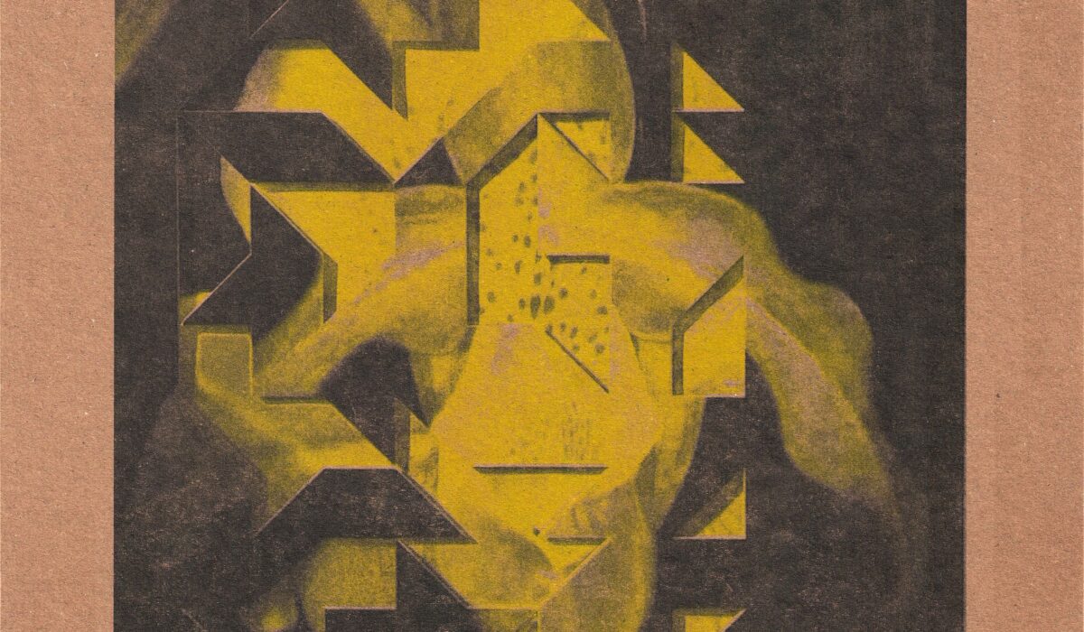 Postcard of abstract yellow flower set against black background and brown border.