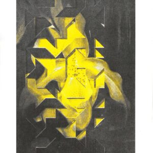 Postcard of abstract yellow flower set against black background and white border.