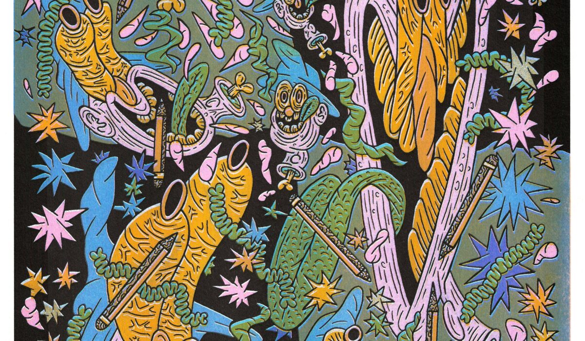 Print depicting ten wizards with black and green background.
