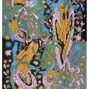 Print depicting ten wizards with black and green background.